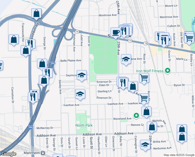map of restaurants, bars, coffee shops, grocery stores, and more near 9882 Garden Court in Schiller Park