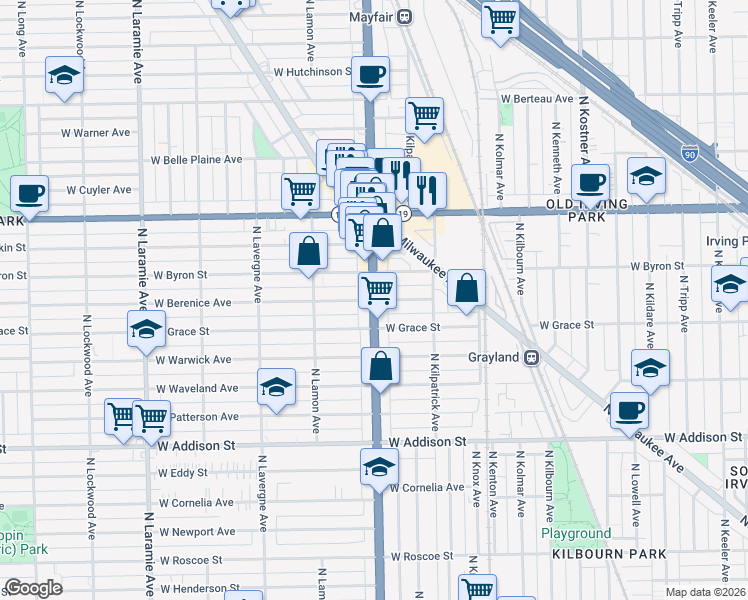 map of restaurants, bars, coffee shops, grocery stores, and more near N Cicero Ave & W Berenice Ave in Chicago