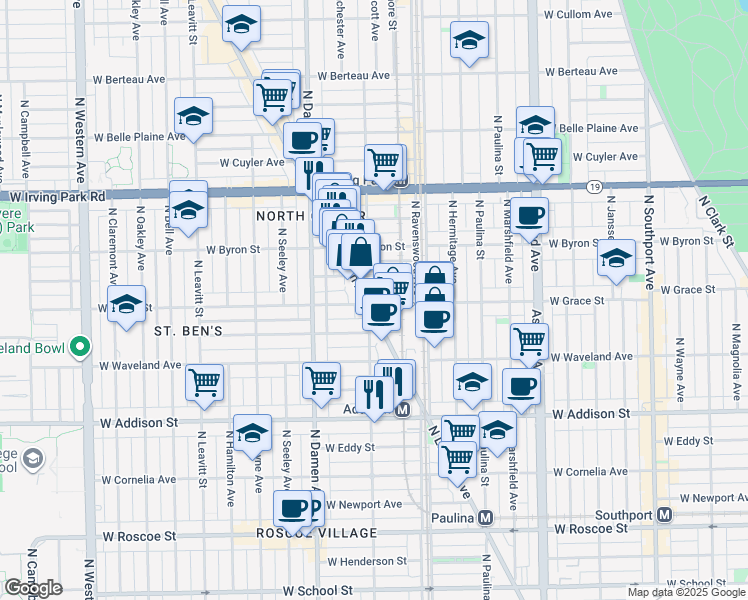 map of restaurants, bars, coffee shops, grocery stores, and more near 3801 North Lincoln Avenue in Chicago