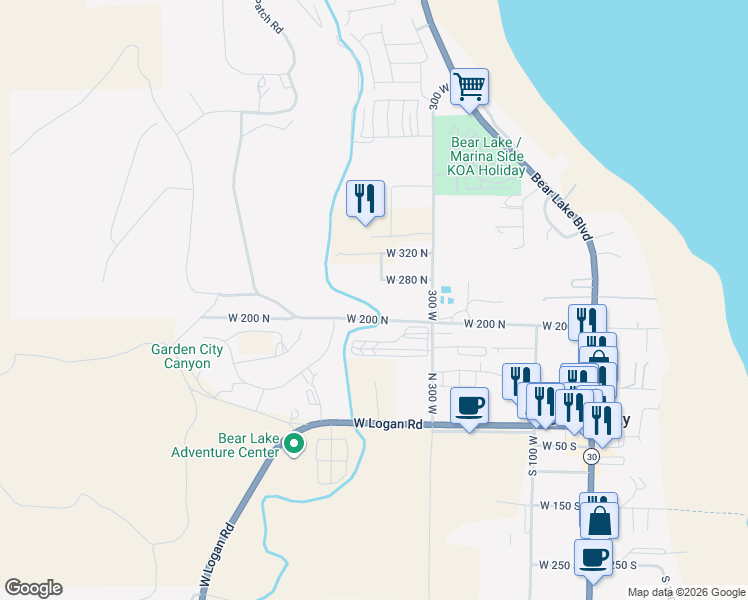map of restaurants, bars, coffee shops, grocery stores, and more near 145 North 300 West in Garden City