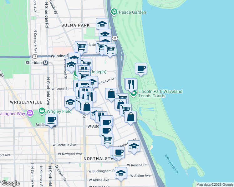 map of restaurants, bars, coffee shops, grocery stores, and more near 3700 North Lake Shore Drive in Chicago