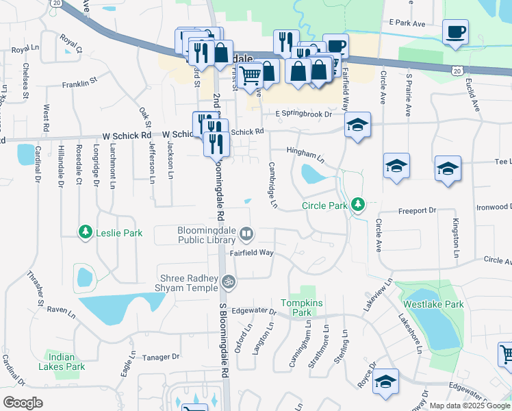 map of restaurants, bars, coffee shops, grocery stores, and more near 179 South Bloomingdale Road in Bloomingdale