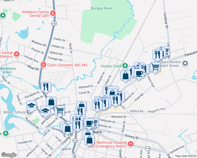 map of restaurants, bars, coffee shops, grocery stores, and more near 41 Benefit Street in Attleboro