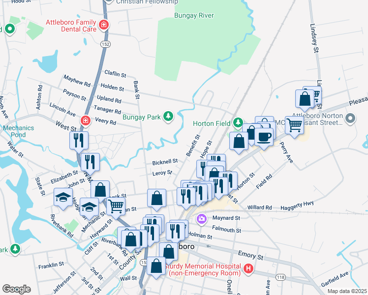 map of restaurants, bars, coffee shops, grocery stores, and more near 40 Bicknell Street in Attleboro