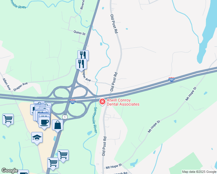map of restaurants, bars, coffee shops, grocery stores, and more near 441 Old Post Road in North Attleborough