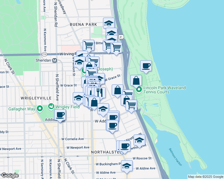 map of restaurants, bars, coffee shops, grocery stores, and more near 3717 North Pine Grove Avenue in Chicago