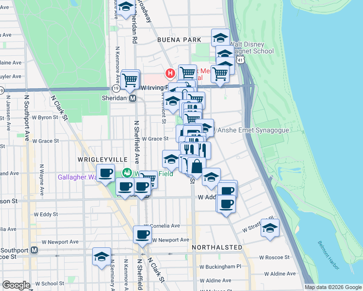 map of restaurants, bars, coffee shops, grocery stores, and more near 830 West Bradley Place in Chicago