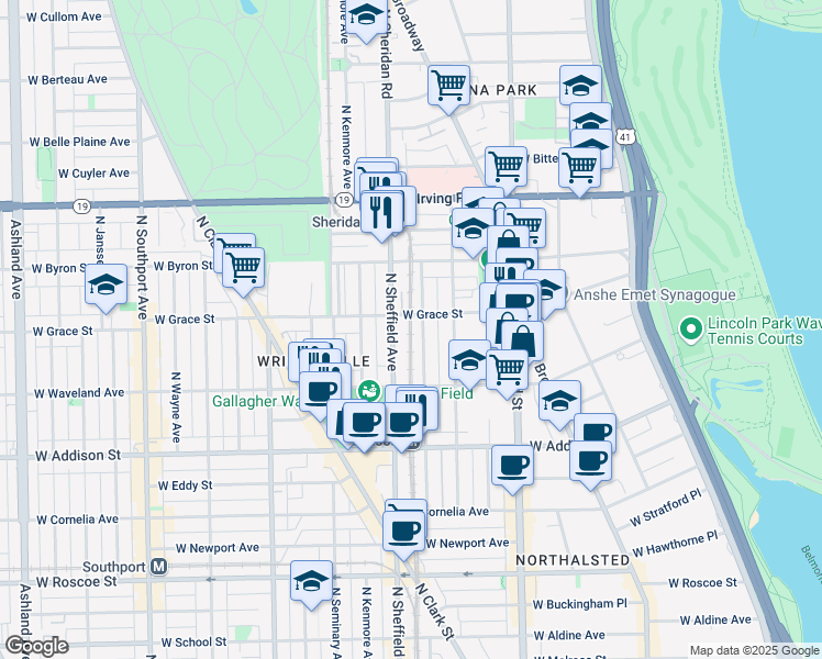 map of restaurants, bars, coffee shops, grocery stores, and more near 3745 North Sheffield Avenue in Chicago