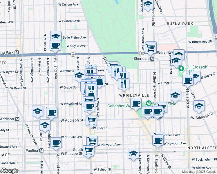map of restaurants, bars, coffee shops, grocery stores, and more near 3751 North Lakewood Avenue in Chicago