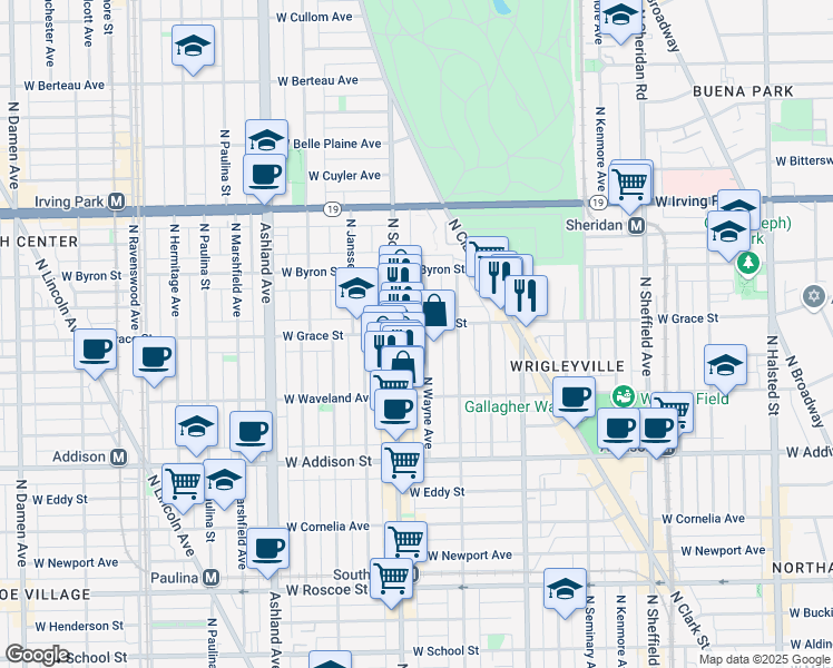 map of restaurants, bars, coffee shops, grocery stores, and more near 3752 North Wayne Avenue in Chicago