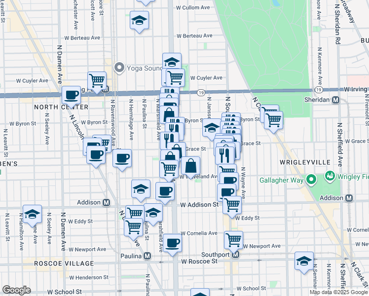 map of restaurants, bars, coffee shops, grocery stores, and more near 3755 North Bosworth Avenue in Chicago