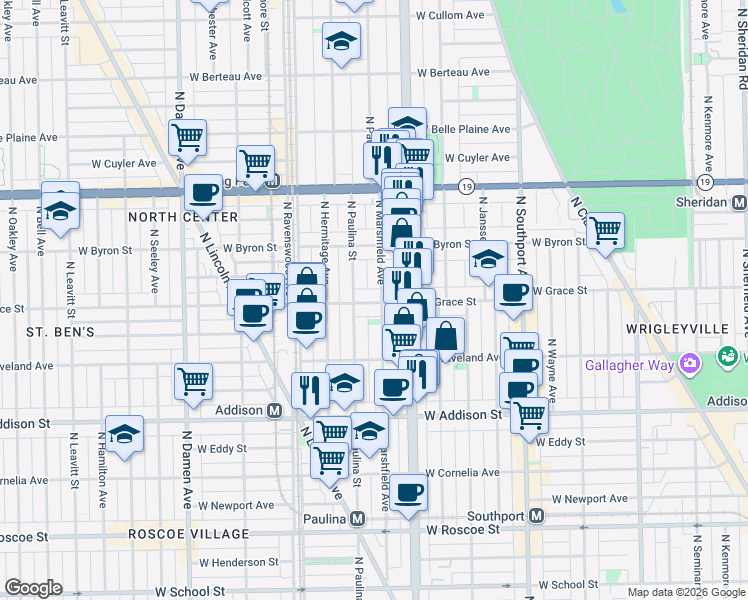 map of restaurants, bars, coffee shops, grocery stores, and more near 1639 West Grace Street in Chicago
