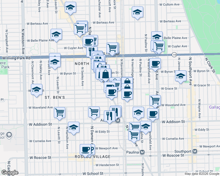 map of restaurants, bars, coffee shops, grocery stores, and more near 3801 North Lincoln Avenue in Chicago