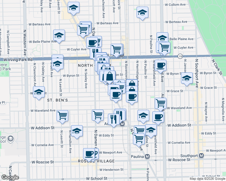 map of restaurants, bars, coffee shops, grocery stores, and more near 3801 North Lincoln Avenue in Chicago