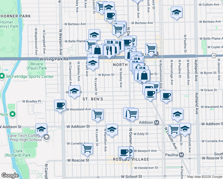map of restaurants, bars, coffee shops, grocery stores, and more near 3751 North Hoyne Avenue in Chicago