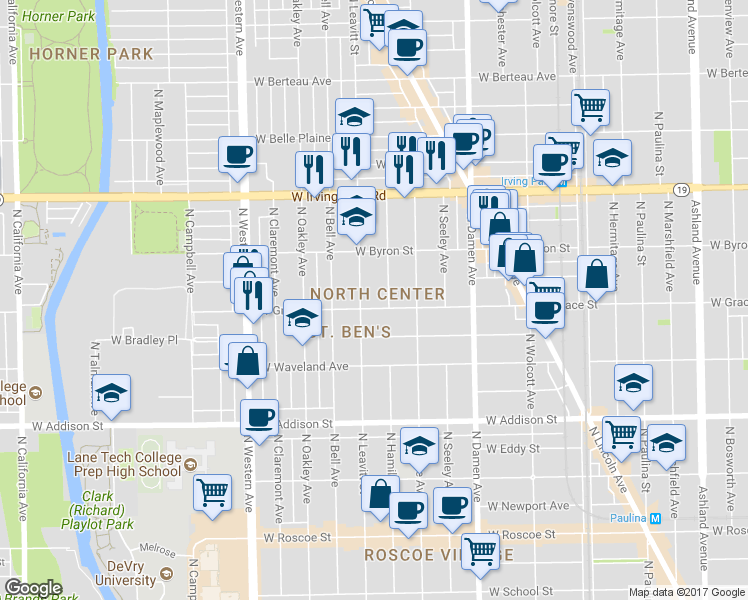 map of restaurants, bars, coffee shops, grocery stores, and more near 2130 West Grace Street in Chicago