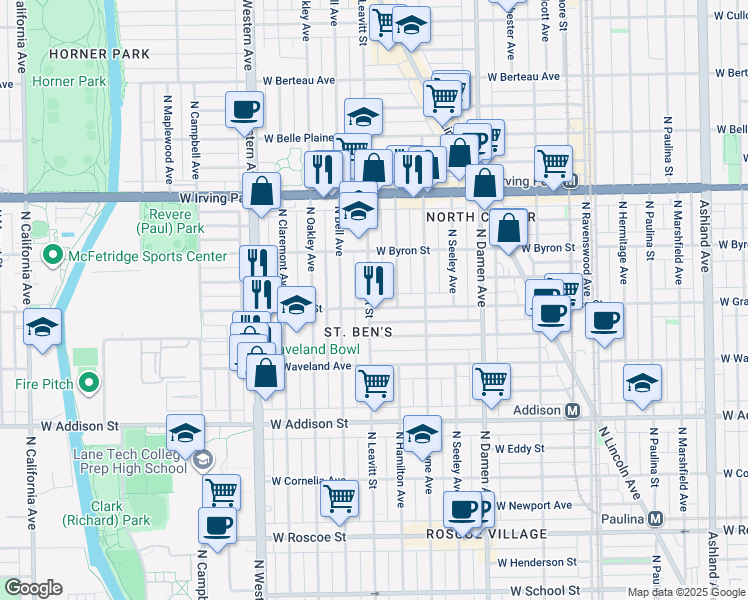 map of restaurants, bars, coffee shops, grocery stores, and more near 3800 North Leavitt Street in Chicago