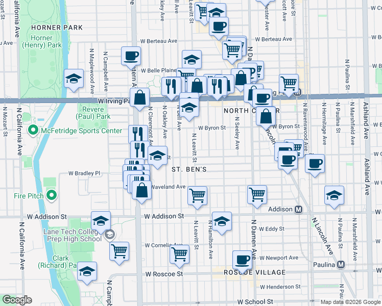 map of restaurants, bars, coffee shops, grocery stores, and more near 3800 North Leavitt Street in Chicago
