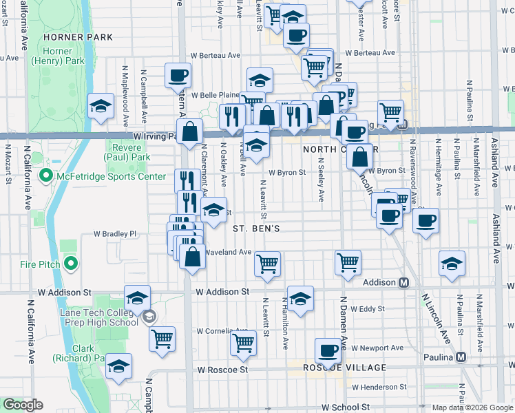map of restaurants, bars, coffee shops, grocery stores, and more near 3800 North Leavitt Street in Chicago
