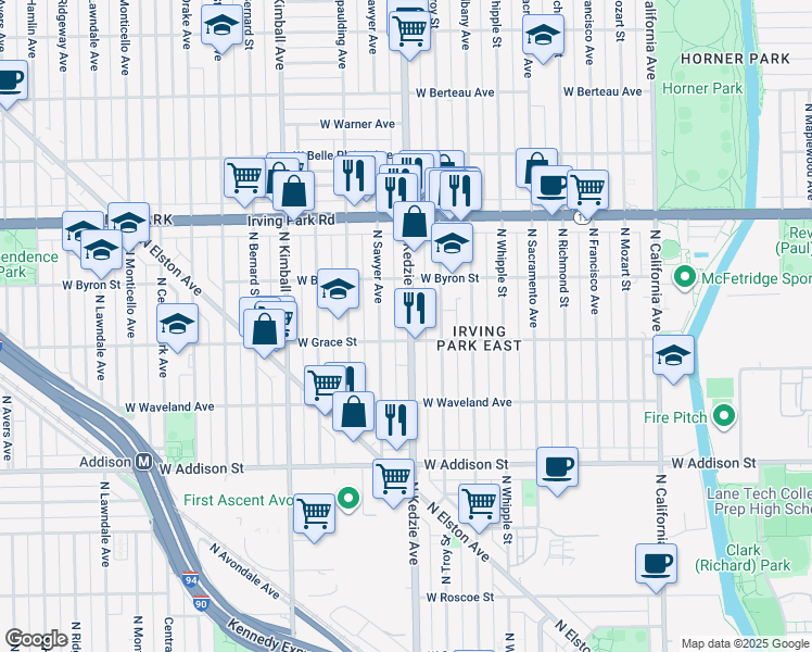 map of restaurants, bars, coffee shops, grocery stores, and more near 3806 North Kedzie Avenue in Chicago