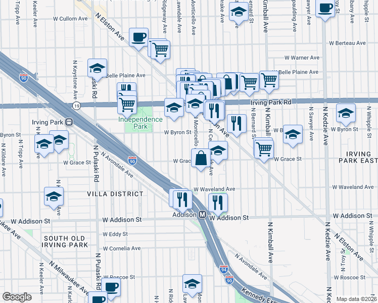 map of restaurants, bars, coffee shops, grocery stores, and more near 3809 North Lawndale Avenue in Chicago