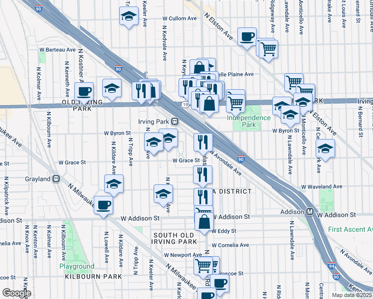 map of restaurants, bars, coffee shops, grocery stores, and more near 3817 North Keystone Avenue in Chicago