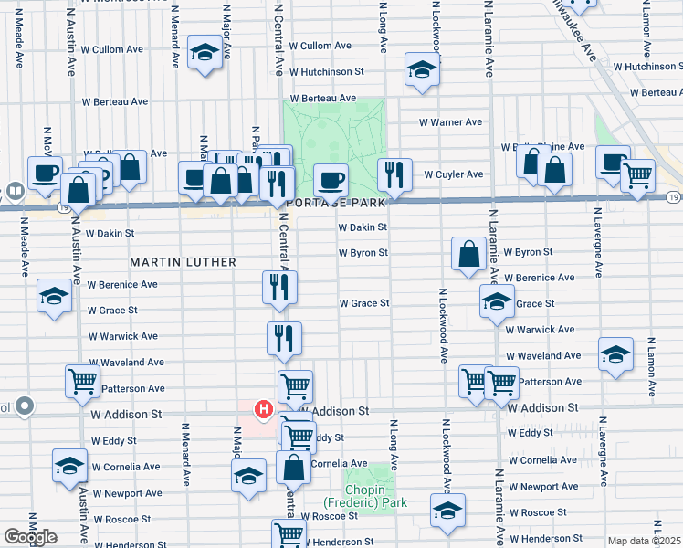 map of restaurants, bars, coffee shops, grocery stores, and more near 5510 West Berenice Avenue in Chicago