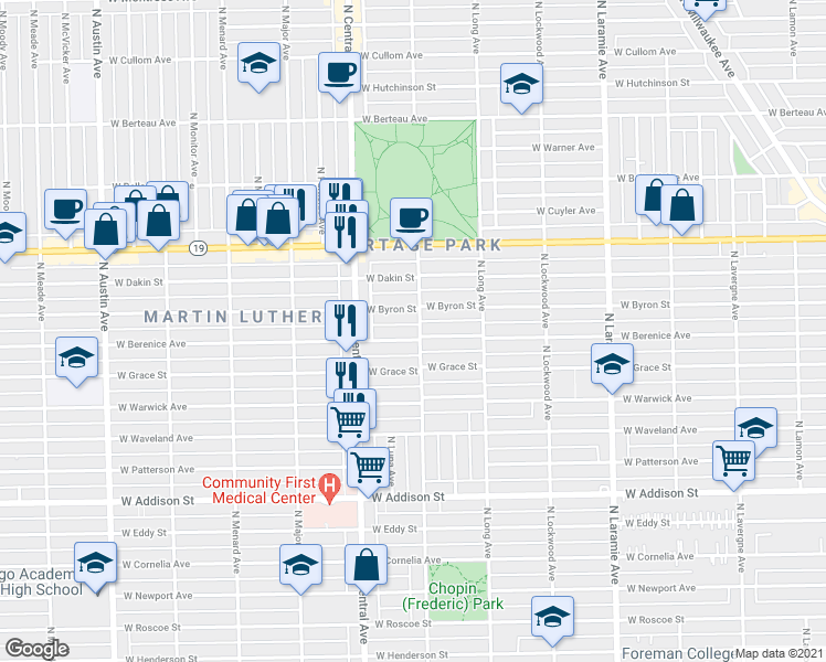 map of restaurants, bars, coffee shops, grocery stores, and more near 5510 West Berenice Avenue in Chicago
