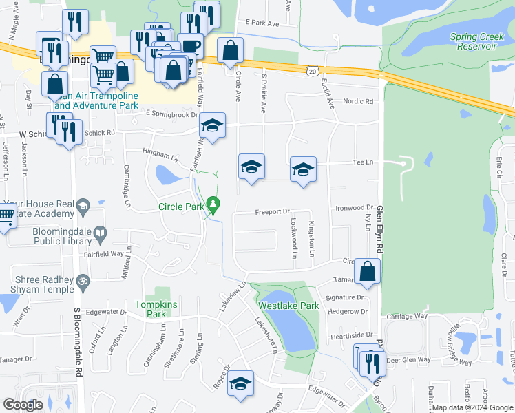 map of restaurants, bars, coffee shops, grocery stores, and more near 211 Freeport Drive in Bloomingdale