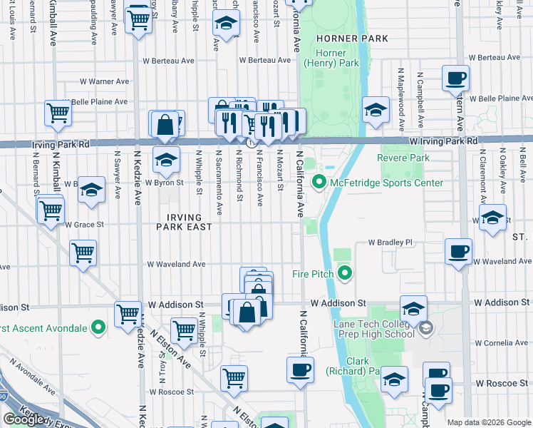 map of restaurants, bars, coffee shops, grocery stores, and more near 3803 North Francisco Avenue in Chicago