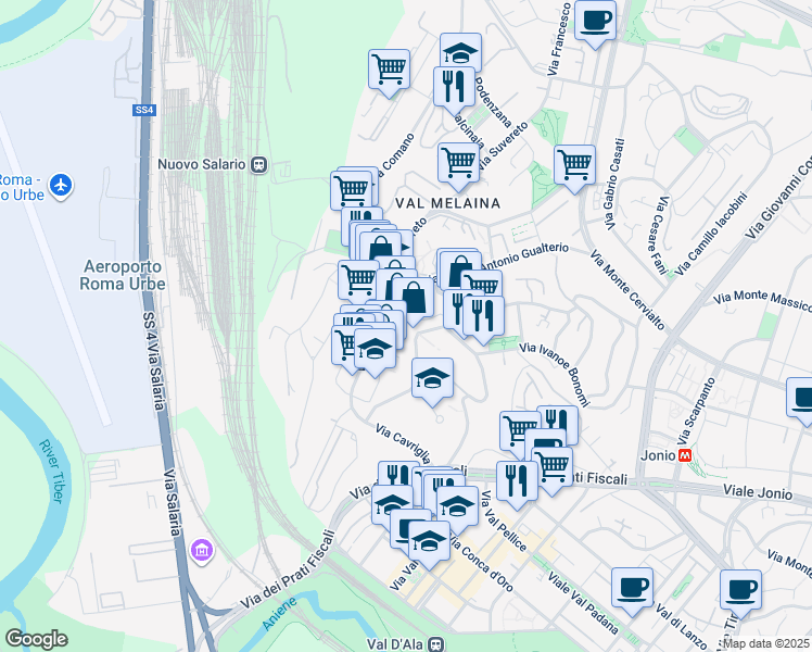 map of restaurants, bars, coffee shops, grocery stores, and more near 65-79 Via Vaglia in Rome