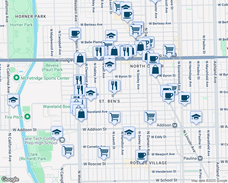 map of restaurants, bars, coffee shops, grocery stores, and more near 2156 West Grace Street in Chicago
