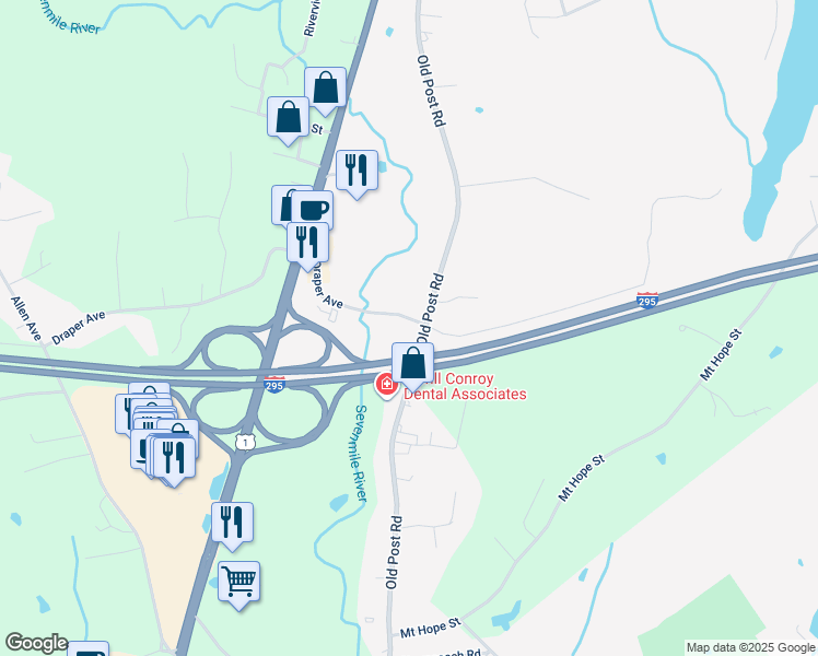map of restaurants, bars, coffee shops, grocery stores, and more near 441 Old Post Rd in North Attleborough