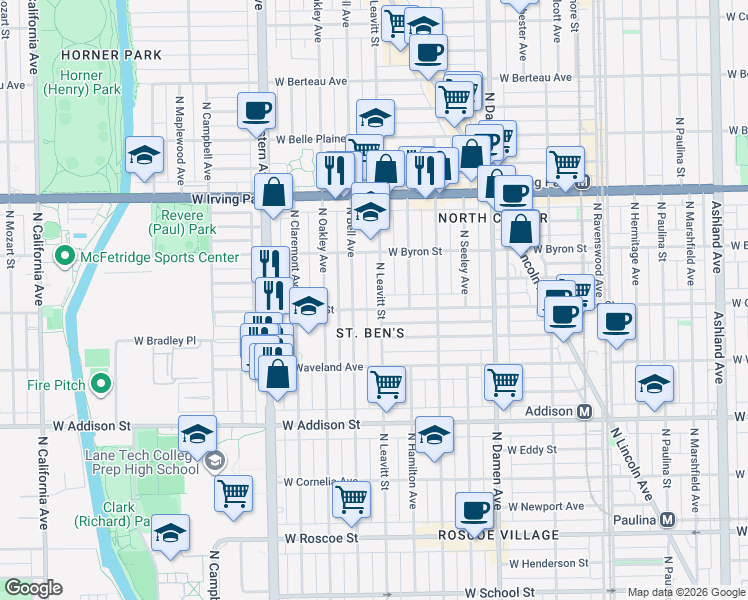 map of restaurants, bars, coffee shops, grocery stores, and more near 3800 North Leavitt Street in Chicago