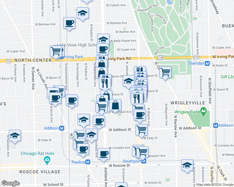 map of restaurants, bars, coffee shops, grocery stores, and more near 3805 North Greenview Avenue in Chicago