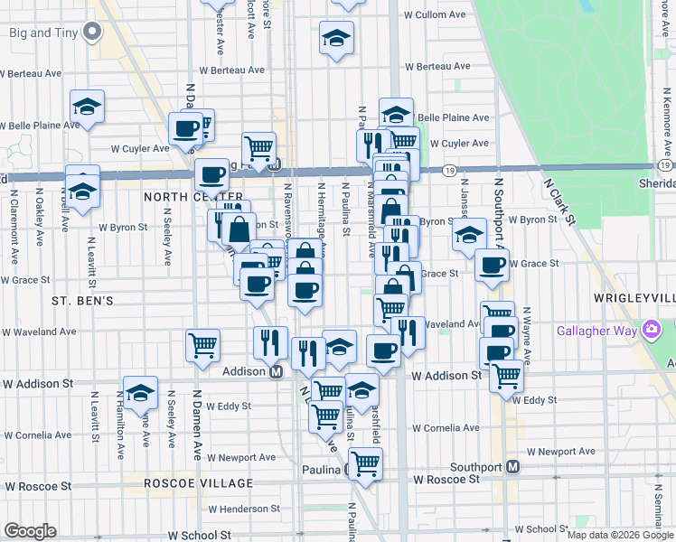 map of restaurants, bars, coffee shops, grocery stores, and more near 1710 West Grace Street in Chicago