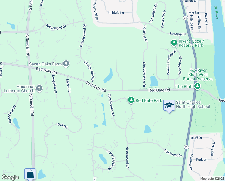 map of restaurants, bars, coffee shops, grocery stores, and more near Red Gate Road in St. Charles