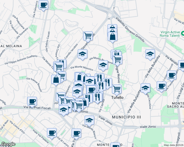 map of restaurants, bars, coffee shops, grocery stores, and more near 9-31 Via Monte Taburno in Rome