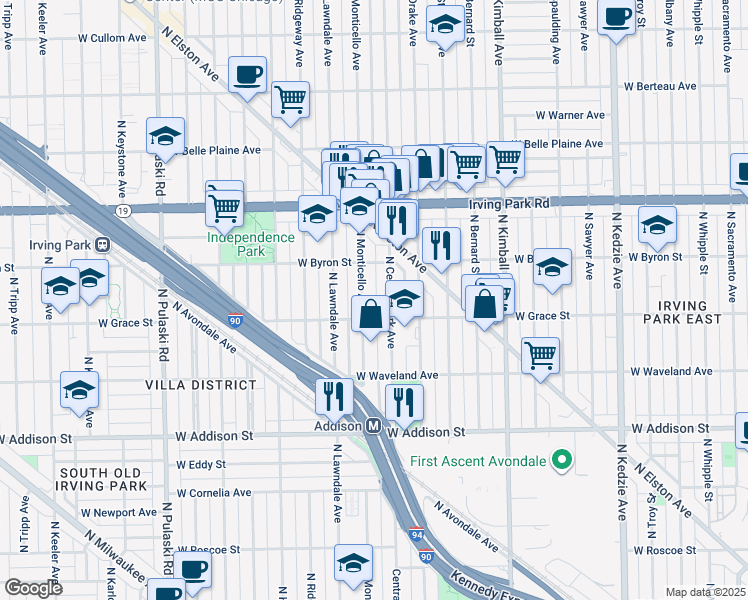 map of restaurants, bars, coffee shops, grocery stores, and more near 3821 North Monticello Avenue in Chicago