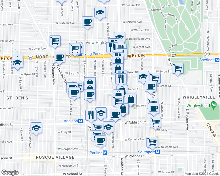 map of restaurants, bars, coffee shops, grocery stores, and more near 3804 North Marshfield Avenue in Chicago