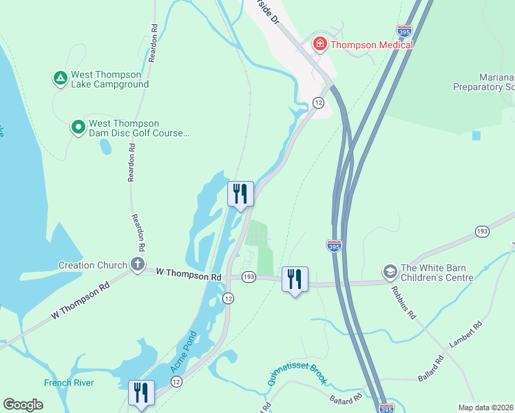 map of restaurants, bars, coffee shops, grocery stores, and more near 303 Riverside Drive in Thompson