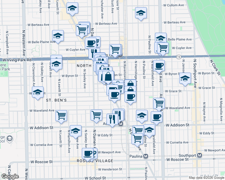 map of restaurants, bars, coffee shops, grocery stores, and more near 3801 North Lincoln Avenue in Chicago