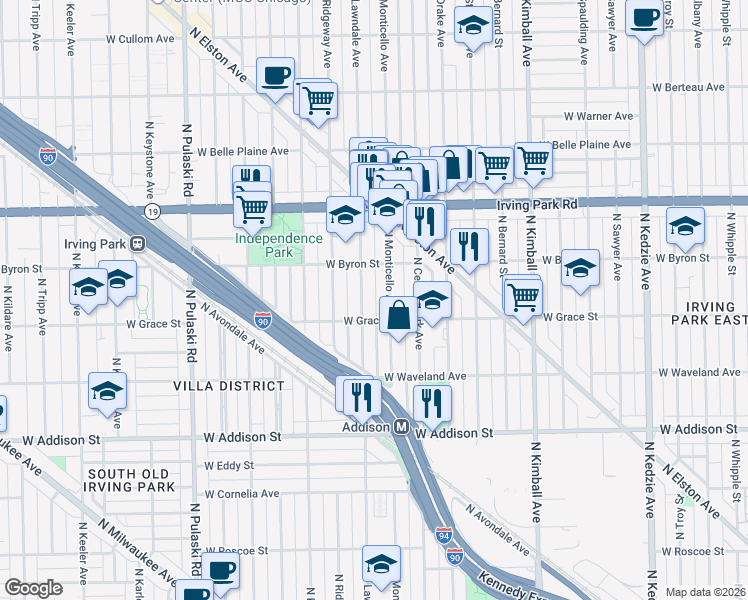 map of restaurants, bars, coffee shops, grocery stores, and more near 3809 North Lawndale Avenue in Chicago