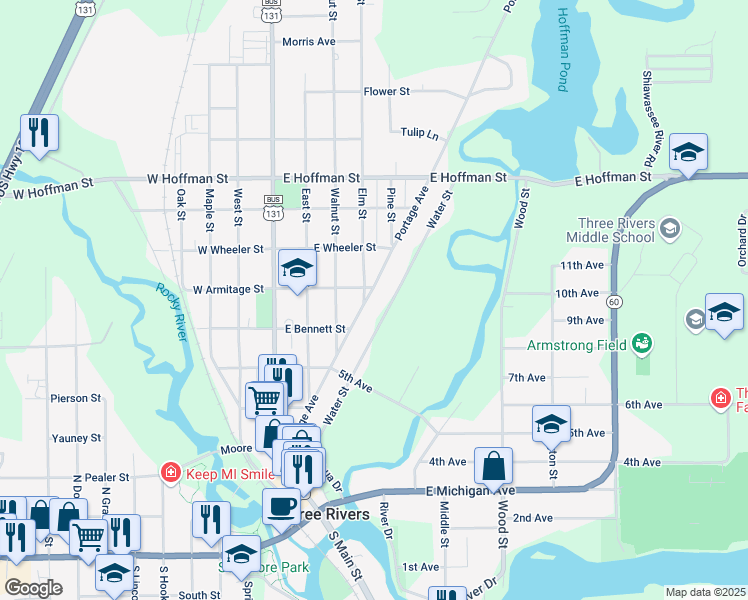 map of restaurants, bars, coffee shops, grocery stores, and more near 429 Portage Avenue in Three Rivers