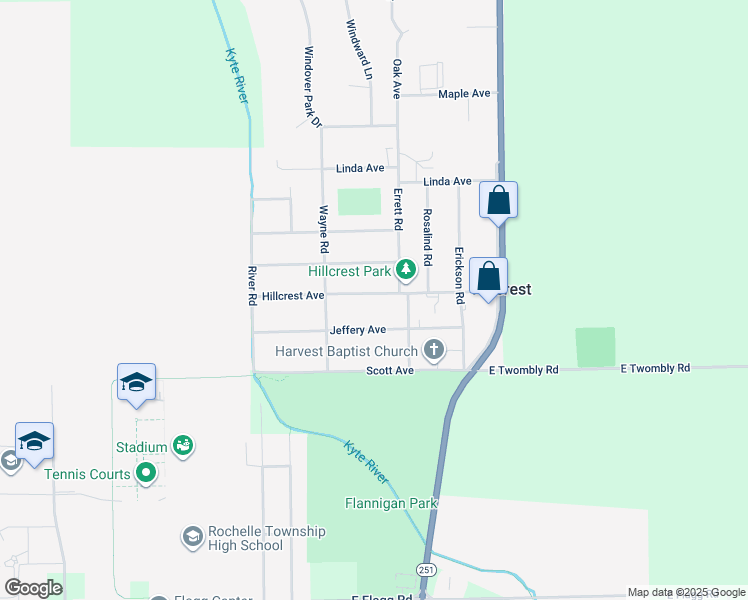 map of restaurants, bars, coffee shops, grocery stores, and more near 308 Hillcrest Avenue in Rochelle