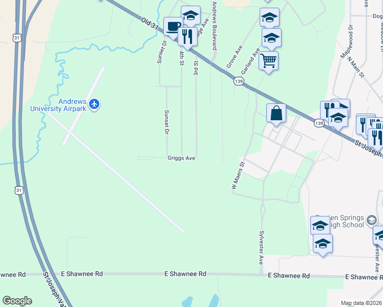 map of restaurants, bars, coffee shops, grocery stores, and more near 3991 Griggs Avenue in Berrien Springs