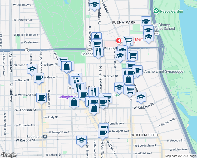 map of restaurants, bars, coffee shops, grocery stores, and more near 3751 North Kenmore Avenue in Chicago