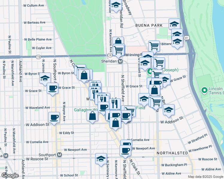 map of restaurants, bars, coffee shops, grocery stores, and more near 3751 North Kenmore Avenue in Chicago
