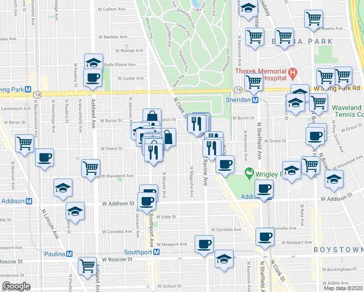 map of restaurants, bars, coffee shops, grocery stores, and more near 3751 North Lakewood Avenue in Chicago