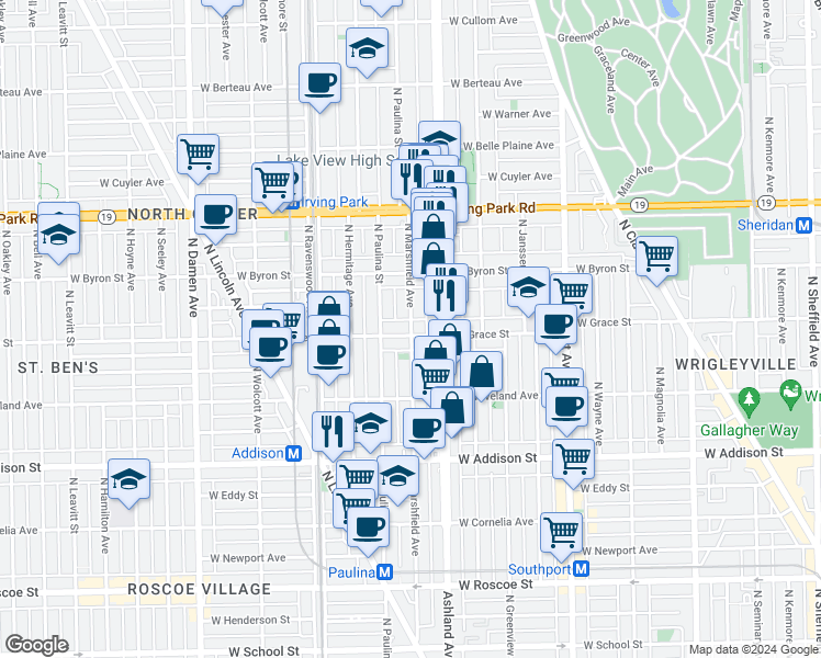 map of restaurants, bars, coffee shops, grocery stores, and more near 1639 West Grace Street in Chicago